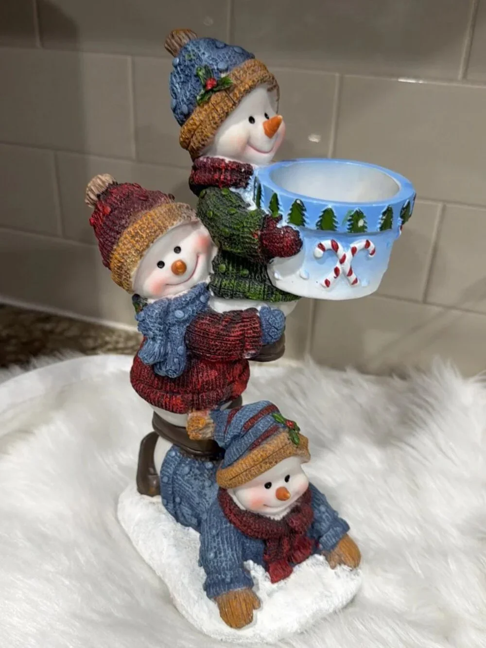Vintage Home Interiors Stacked Snowmen Votive Candle Holder Resin 2003 10”